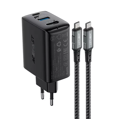Acefast 2 az 1-ben hálózati töltő adapter GaN 65W USB Type C / USB, HDMI adapter 4K@60Hz + USB Type C kábel 1.8m, fekete (A17)