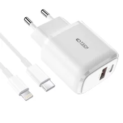   Tech-Protect C20W hálózati töltő adapter PD20W/QC3.0 1x USB-A, 1x USB-C, 1x USB-C - lightning töltőkábel