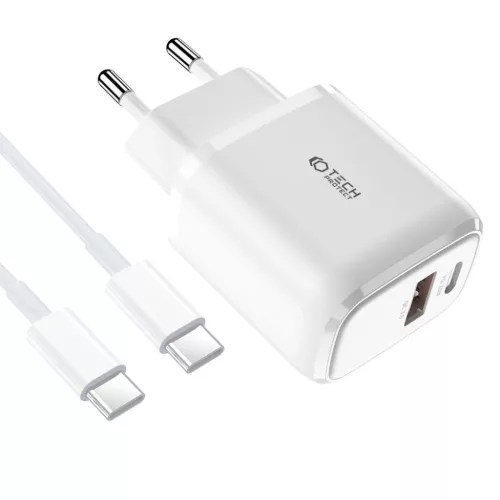 Tech-Protect C20W hálózati töltő adapter PD20W/QC3.0 1x USB-A, 1x USB-C, 1x USB-C - USB-C töltőkábel