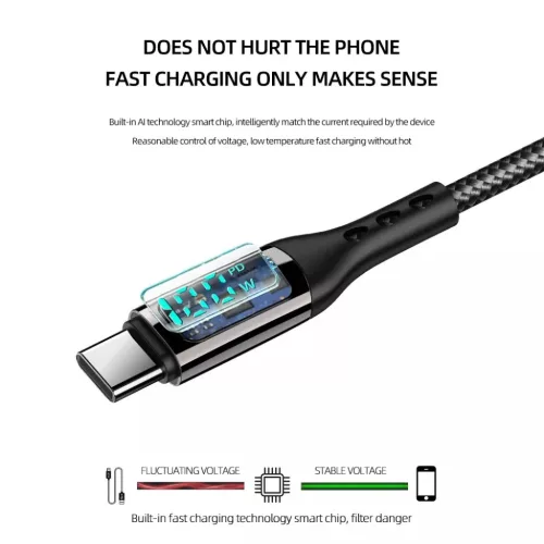 PD100W USB Type-C - USB Type-C kábel gyorstöltéssel, teljesítménykijelzéssel 1m, fekete