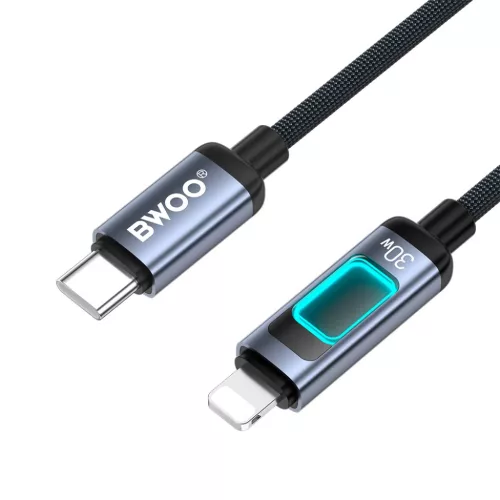 Lightning BWOO X324CL fonott gyors töltőkábel fénykijelzővel PD 27W USB-C - fekete