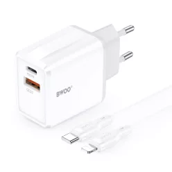   BWOO hálózati töltő CDA182 QC 38W 1x USB-A + 1x USB-C USB-C-ről Lightning kábel 1 m fekete