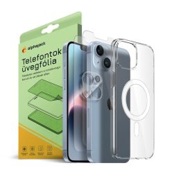   iPhone 14 Plus Magsafe tok + üvegfólia 2db + kamera lencse védő 9H 2.5D HD 0.33mm Alphajack