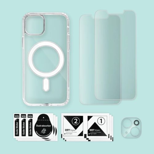 iPhone 14 Plus Magsafe tok + üvegfólia 2db + kamera lencse védő 9H 2.5D HD 0.33mm Alphajack