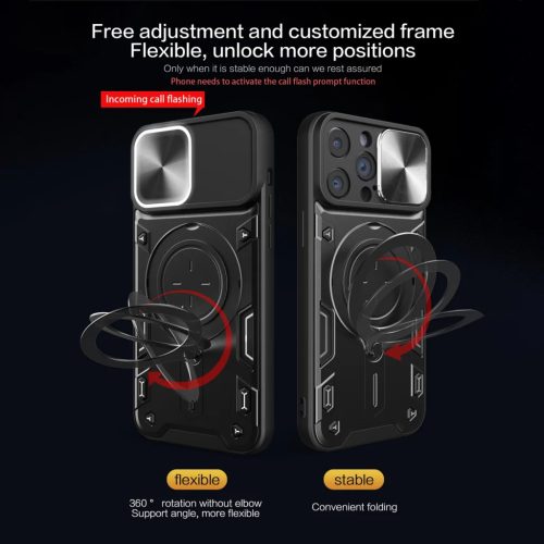 iPhone 15 Pro Max Ring Armor tok kameralencse védővel, kihajtható támasszal, piros Alphajack