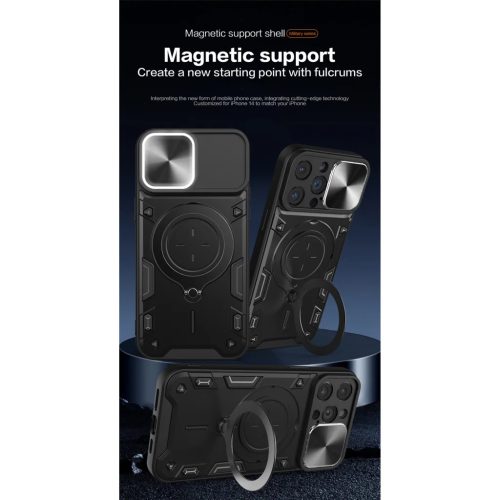 iPhone 15 Pro Max Ring Armor tok kameralencse védővel, kihajtható támasszal, ezüst Alphajack