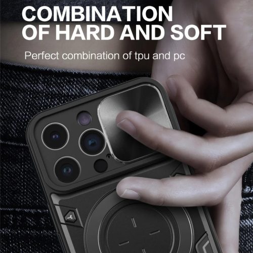 iPhone 15 Pro Max Ring Armor tok kameralencse védővel, kihajtható támasszal, rózsaszín Alphajack