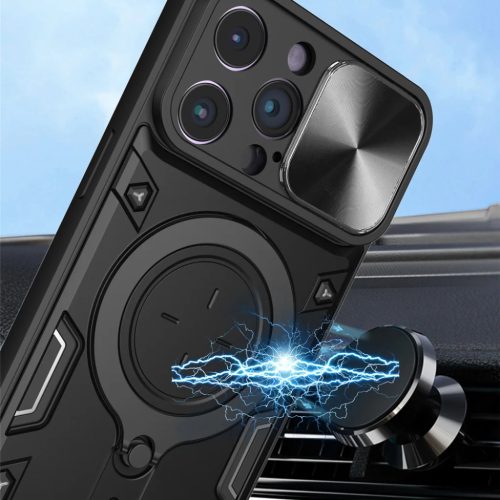 iPhone 15 Pro Max Ring Armor tok kameralencse védővel, kihajtható támasszal, rózsaszín Alphajack