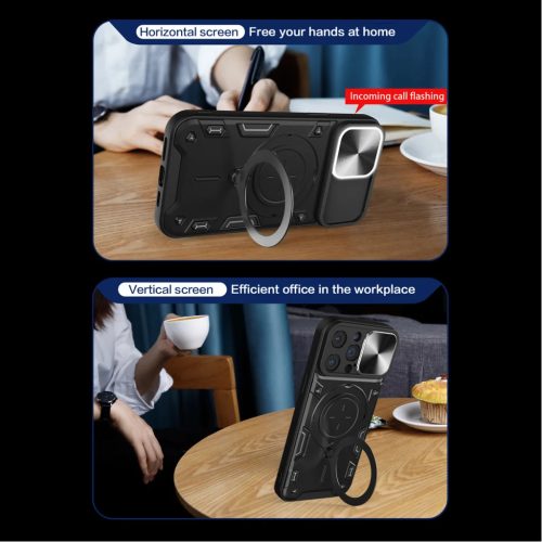 iPhone 15 Pro Max Ring Armor tok kameralencse védővel, kihajtható támasszal, sötétlila Alphajack