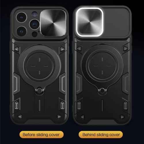 iPhone 15 Pro Max Ring Armor tok kameralencse védővel, kihajtható támasszal, sötétlila Alphajack