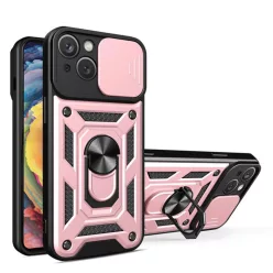   iPhone 15 Ring Lens tok kameralencse védővel, kihajtható mágneses támasszal rózsaszín Alphajack telefontok