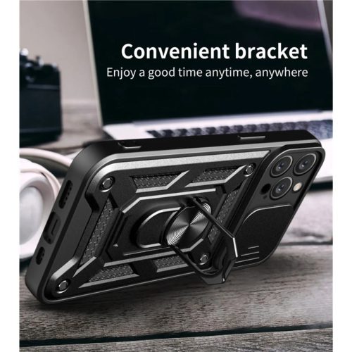 iPhone 15 Pro Max Ring Lens tok kameralencse védővel, kihajtható mágneses támasszal sötétkék Alphajack telefontok