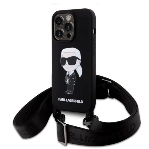 iPhone 15 Pro Max Karl Lagerfeld Liquid Silicone Crossbody Ikonik fekete tok (KLHCP15XSCBSKNK)