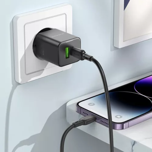 Borofone BN14 Royal GaN USB + Type C hálózati töltő adapter QC 3.0 PD 30W + Type C - Lightning kábel fekete