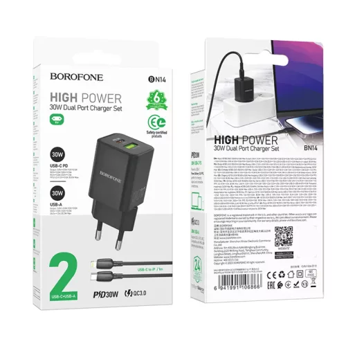 Borofone BN14 Royal GaN USB + Type C hálózati töltő adapter QC 3.0 PD 30W + Type C - Lightning kábel fekete