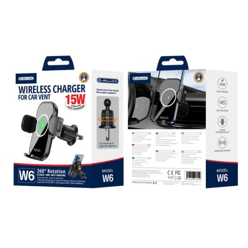 Jellico W6 autós telefontartó vezeték nélküli töltéssel 15W szellőzőnyílásra fekete