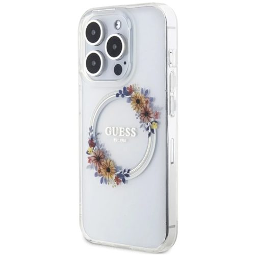 Eredeti GUESS IML Flowers Wreath Magsafe GUHMP15XHFWFCT tok az iPhone 15 Pro Max-hoz átlátszó