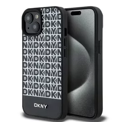   Eredeti DKNY bőrmintás mintás fém logós MagSafe kemény tok iPhone 15 fekete DKHMP15SPSOSPK