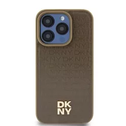   Eredeti DKNY kemény tok bőr mintával és fém logóval MagSafe DKHMP15SPSHRPSW iPhone 15 barna tok