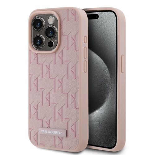 iPhone 15 Pro Max Pink Karl Lagerfeld PU Leather Monogram Metal Logo MagSafe tok