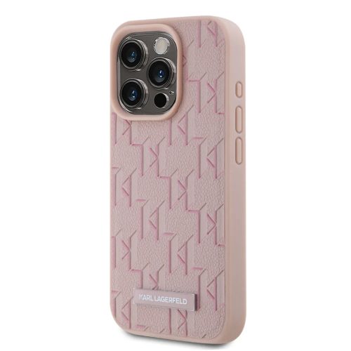 iPhone 15 Pro Max Pink Karl Lagerfeld PU Leather Monogram Metal Logo MagSafe tok