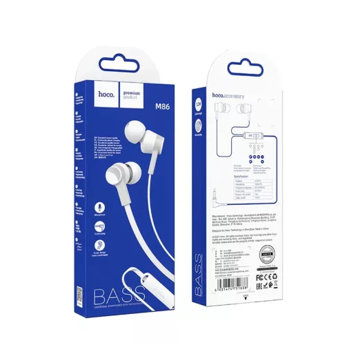 Fehér HOCO M86 vezetékes fülhallgatók Jack 3,5 mm mikrofonnal