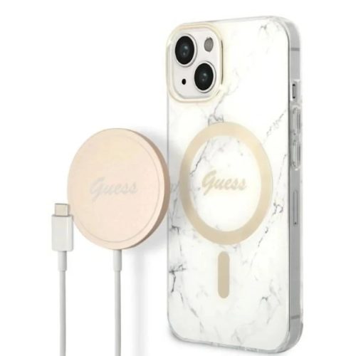 Guess GUBPP14MHMEACSH tok+ töltő iPhone 14 Plus 6.7" fehér/fehér kemény tok Márvány MagSafe