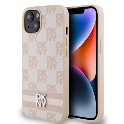  DKNY PU Bőr Kockás Mintás és Csíkos iPhone 14 tok Rózsaszín