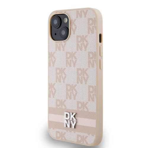 DKNY PU Bőr Kockás Mintás és Csíkos iPhone 14 tok Rózsaszín