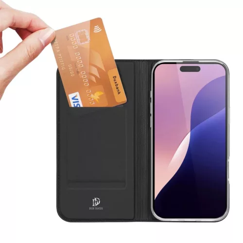 Dux Ducis Skin Pro iPhone 16 Pro fliptok kártyatartóval - fekete tok