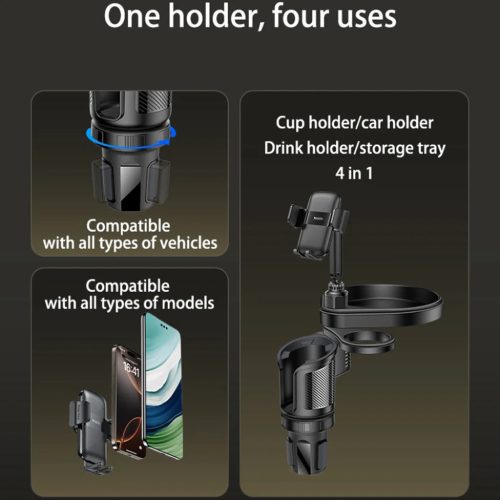 Yesido 4in1 (C274) - Pohártartó, Telefon Tartó és Apróságok Tároló, 720°-ban Állítható Szög, 4.7-7.2" - Fekete