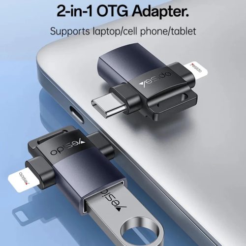 Yesido OTG Adapter (GS35) USB3.0 Lightning, Type-C, Alumínium Ötvözet, Mini Dizájn - Szürke