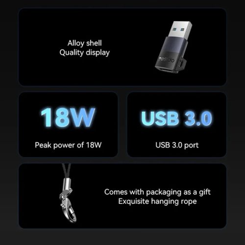 Yesido OTG Adapter (GS34) - USB3.0 férfi csatlakozó Type-C női csatlakozóhoz, 18W, alumínium ötvözet - Szürke