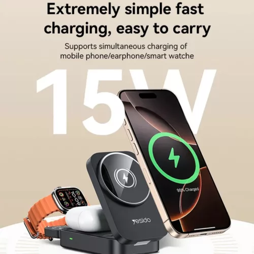 iPhone, Apple Watch, AirPods Fekete Yesido - Wireless Charging Station 3in1 (DS27), Mágneses, Összecsukható, Tartó, 15W