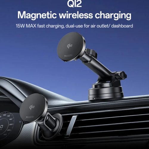 Yesido Autós Tartó Vezeték Nélküli Töltéssel (DS30) - Műszerfalhoz, Type-C, 15W, Qi2.0 - Fekete