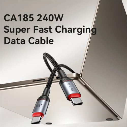 Yesido - Adatkábel (CA185) - Type-C to Type-C, Gyors töltés, 480Mbps, 240W, 48V/5A, E-Mark Chip, Nylon fonott, 1.2m - Fekete