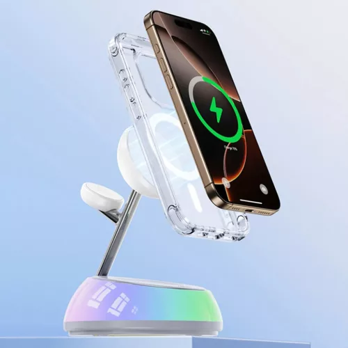 iPhone, Apple Watch, AirPods Fehér Yesido töltőállomás 3in1 (DS31) - Mágneses Tartó, RGB világítás, 15W