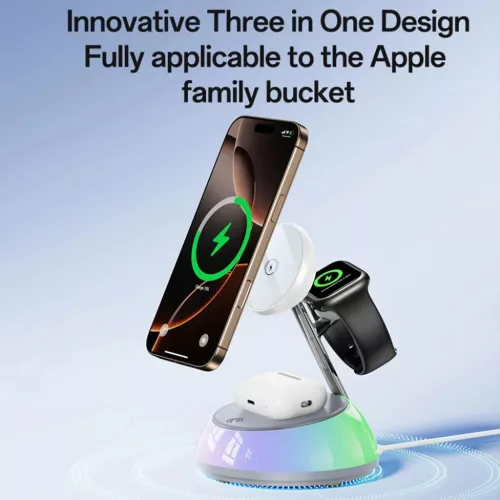 iPhone, Apple Watch, AirPods Fehér Yesido töltőállomás 3in1 (DS31) - Mágneses Tartó, RGB világítás, 15W