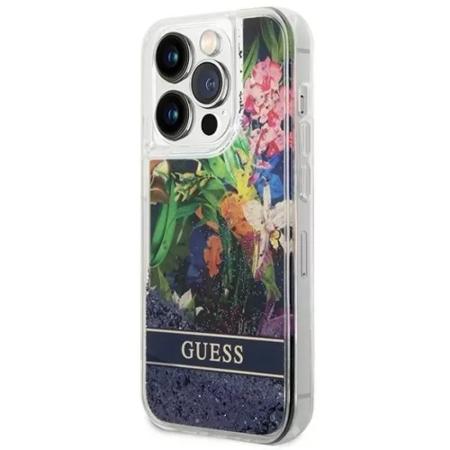 Guess Flower Liquid Glitter tok iPhone 14 Pro Max - kék