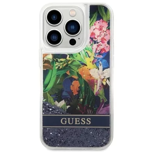 Guess Flower Liquid Glitter tok iPhone 14 Pro Max - kék