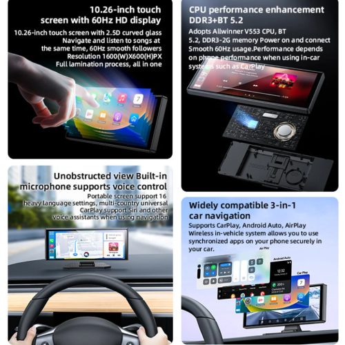 Yesido - Vezeték nélküli autós sztereó (KM19) - Dupla HD kamera, Plug&Play, CarPlay, Android Auto, AirPlay - Fekete