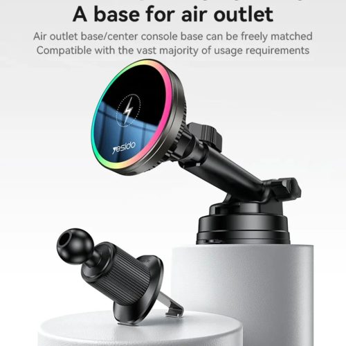 Yesido - Autós tartó vezeték nélküli töltéssel (C315) - légkondicionáló rácshoz/műszerfalhoz, mágneses, intelligens vezérlés, 15W - Fekete