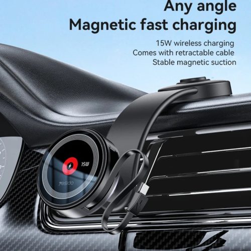 Yesido - Autós tartó vezeték nélküli töltéssel (C314) - Műszerfalra, visszahúzható kábellel, C típus, N52 mágnesek, 15W - Fekete