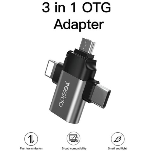 OTG Adapter (GS15) Yesido - USB-ről Lightningre, Micro-USB-re, Type-C-re, Plug & Play, 480Mbps - Fekete