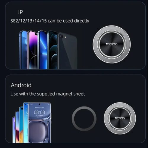 Yesido Autós tartó (C179) műszerfalra, Csillag gyűrű mágneses kialakítás, 360 fokos, 15W, cinkötvözet - Fekete