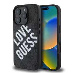   iPhone 16 Pro fekete Guess PU Leather 4G Big Love Logo MagSafe tok