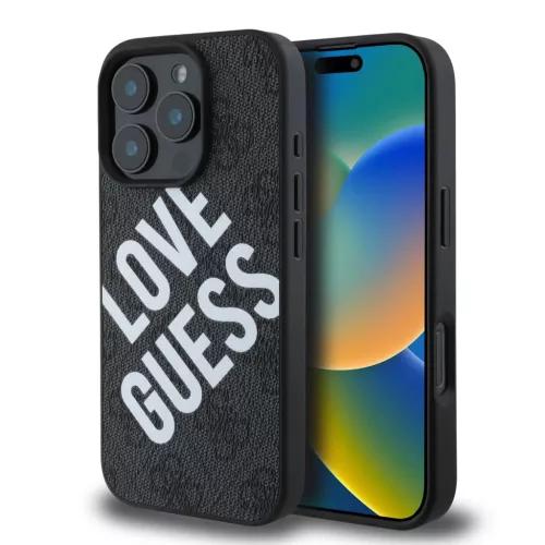 iPhone 16 Pro fekete Guess PU Leather 4G Big Love Logo MagSafe tok
