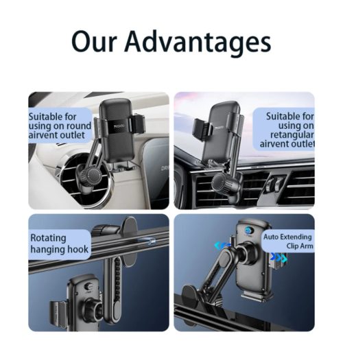 Autós tartó (C242) - szellőzőrácsra szerelhető Yesido, automatikusan nyíló kapoccsal kapcsológombal, teleszkópos karral - fekete