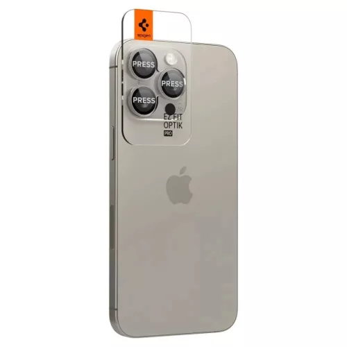 Spigen Optik.tR EZ Fit Kamera Protector iPhone 14 Pro / Pro Max / 15 Pro / Pro Max / 16 Pro / Pro Max / 17 Pro / Pro Max - természetes titán 2 db üvegfólia