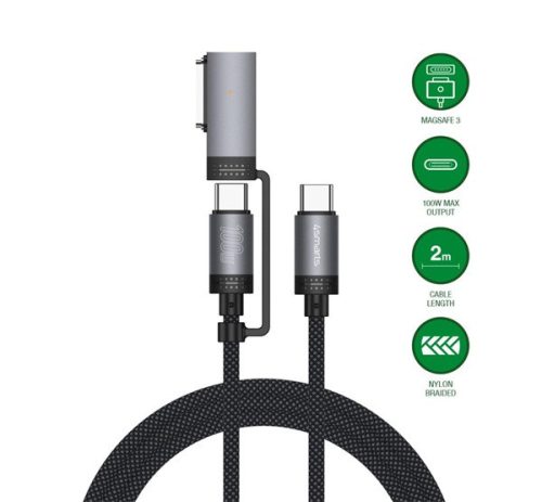 4smarts ComboCord USB-C adatkábel, MagSafe 3 adapterrel, 100W, 2m, fekete